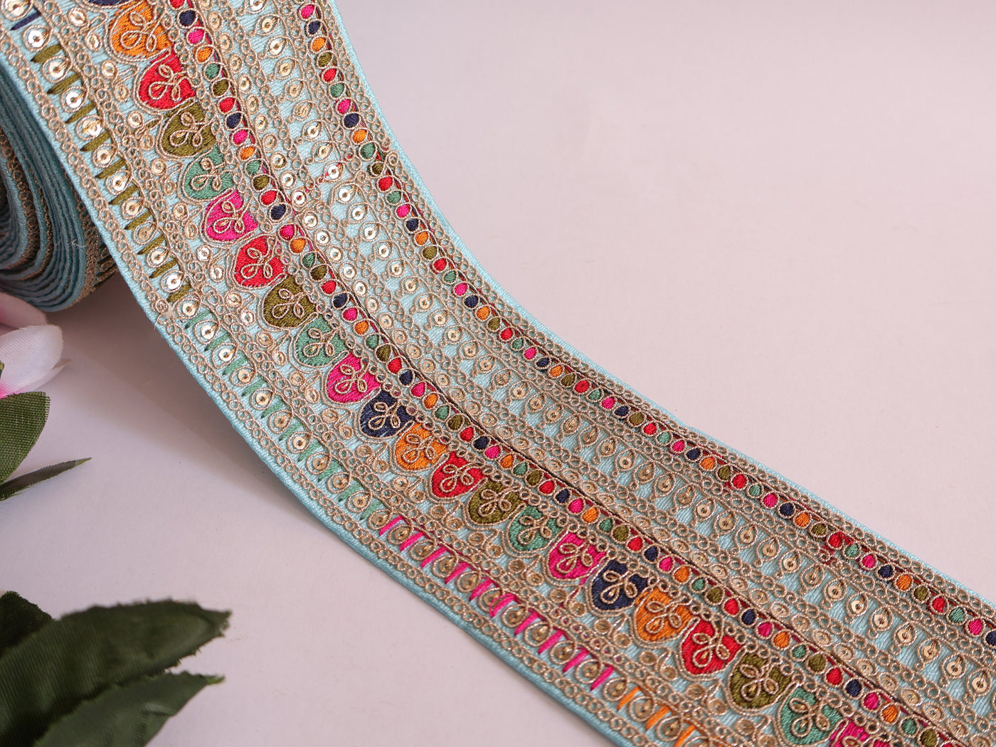 Sky Blue Embroidered Sari Border Trim: Indian Sequin Costume Lace