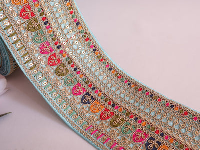 Sky Blue Embroidered Sari Border Trim: Indian Sequin Costume Lace