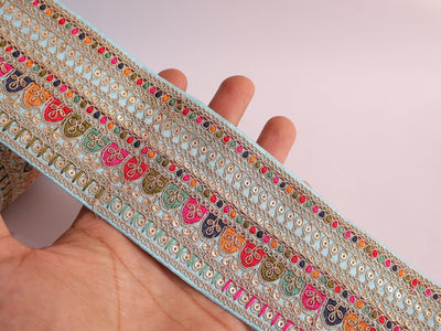 Sky Blue Embroidered Sari Border Trim: Indian Sequin Costume Lace