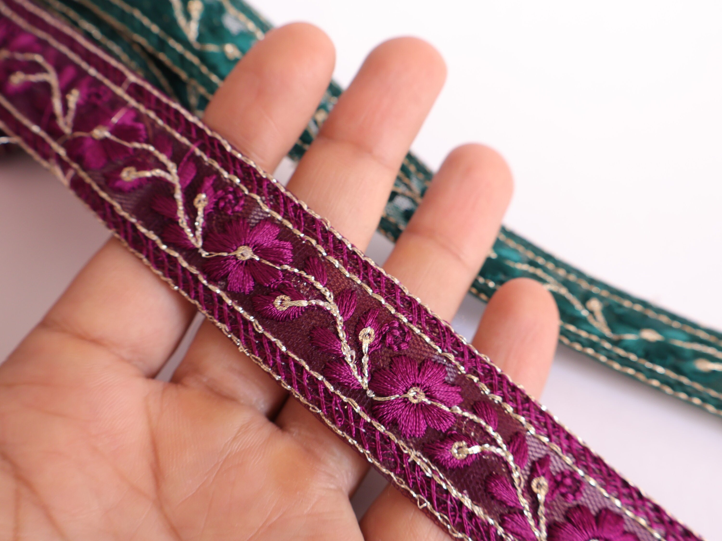 Floral Embroidered Sari Border Trim: Wine Purple & Emerald Green, 9 Yards