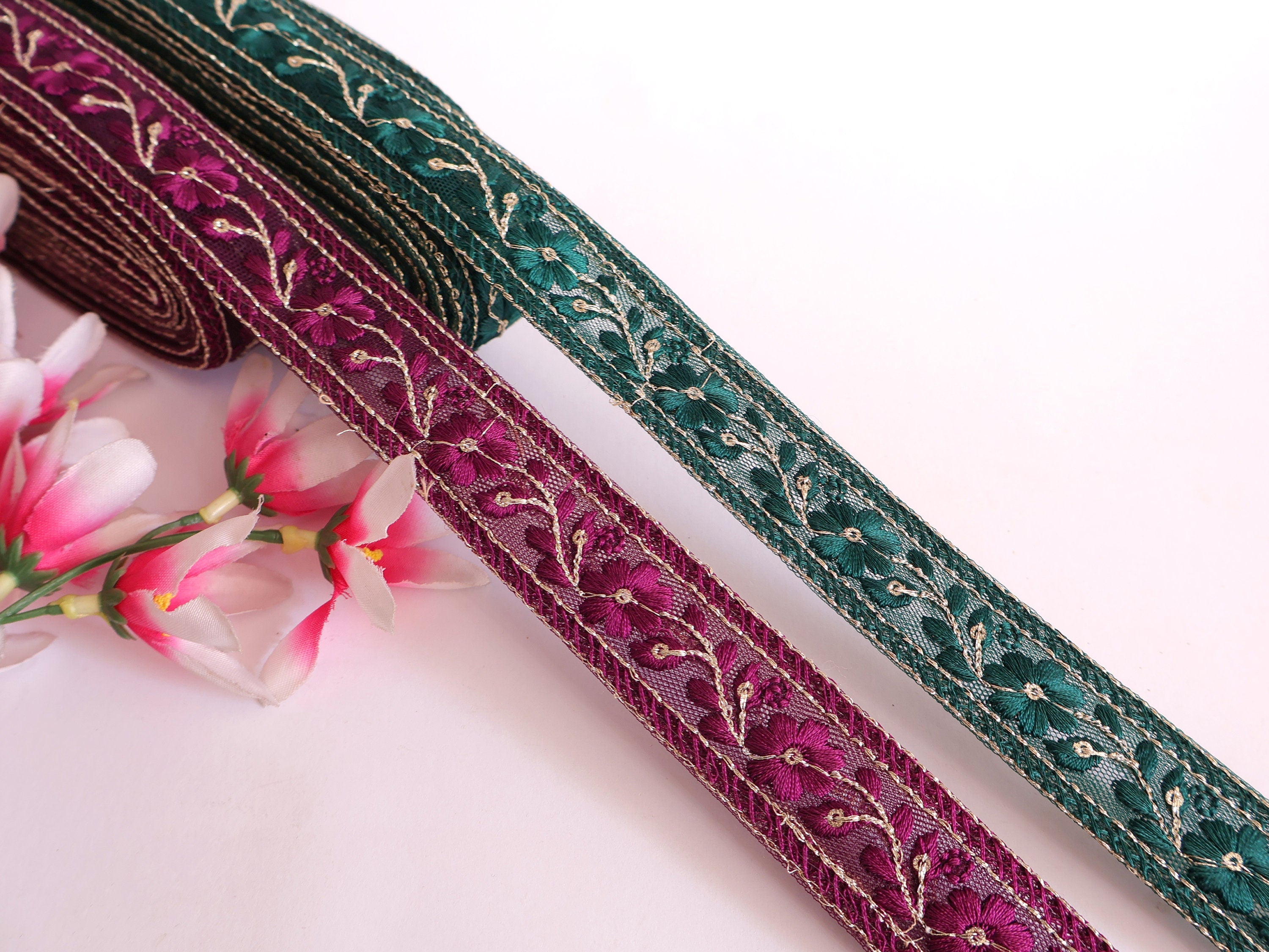 Floral Embroidered Sari Border Trim: Wine Purple & Emerald Green, 9 Yards