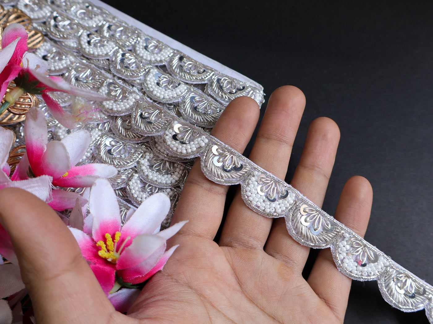 Silver Zardozi Embroidered Scallop Trim: Pearl Sari Lace (2.5 Cm)