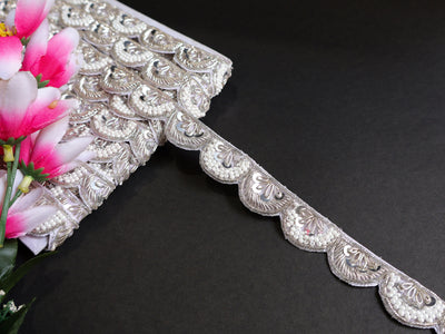 Silver Zardozi Embroidered Scallop Trim: Pearl Sari Lace (2.5 Cm)