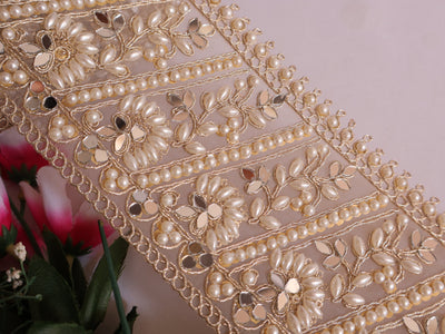 Pearl White Mirror Embellished Trim Vine 12 cm Wide - 1 Yard