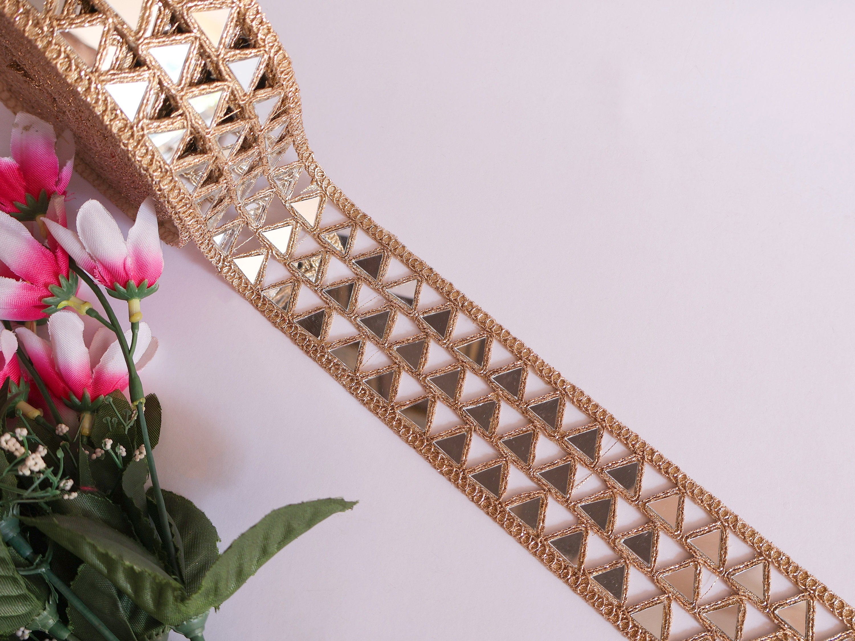 Rose Gold Mirror Cutwork Trim: Indian Sari Border, Sewing Decoration - By Yard