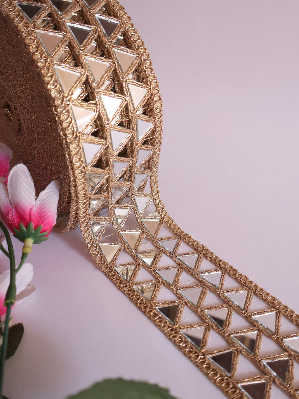 Rose Gold Mirror Cutwork Trim: Indian Sari Border, Sewing Decoration - By Yard