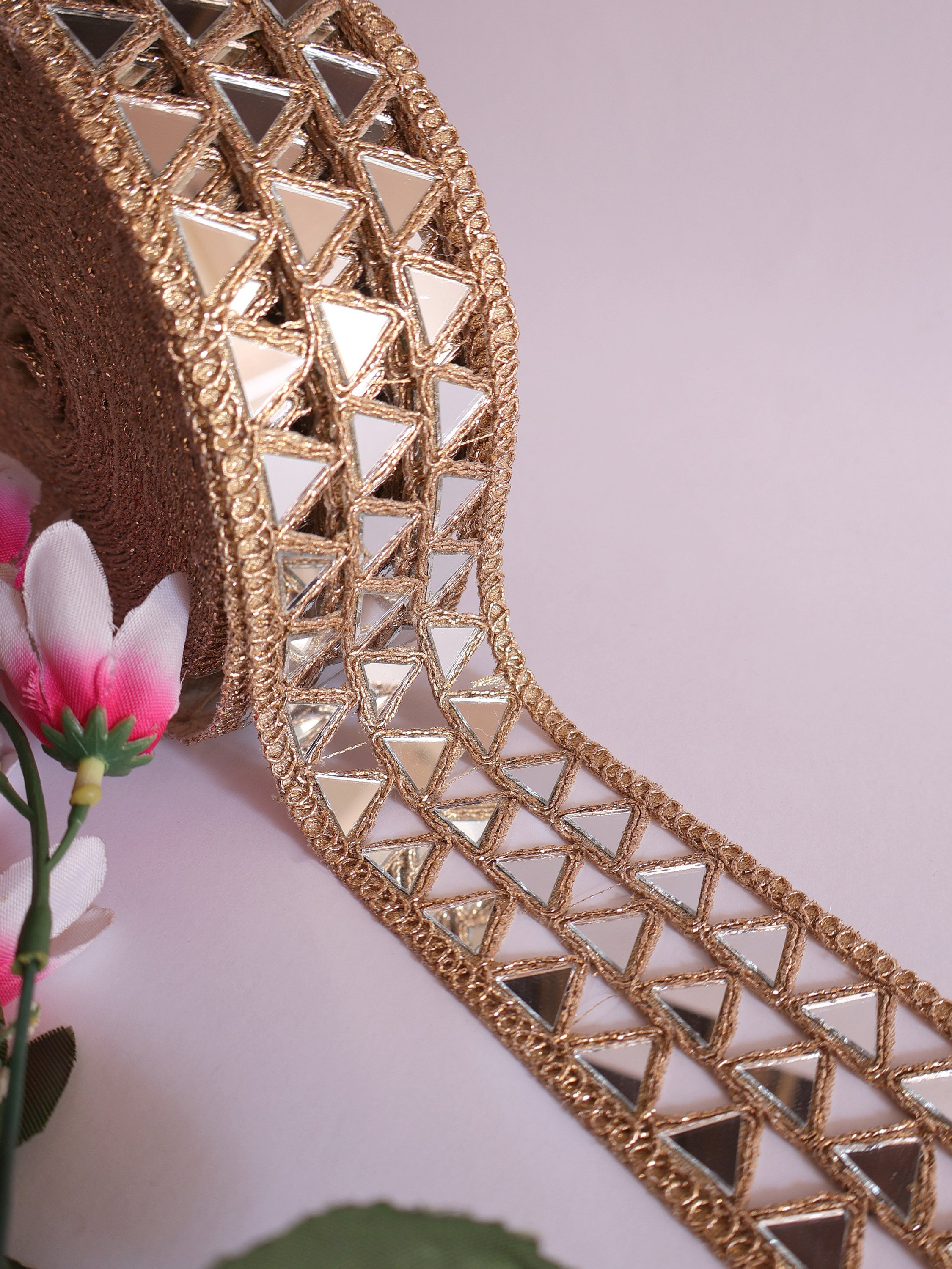 Rose Gold Mirror Cutwork Trim: Indian Sari Border, Sewing Decoration - By Yard