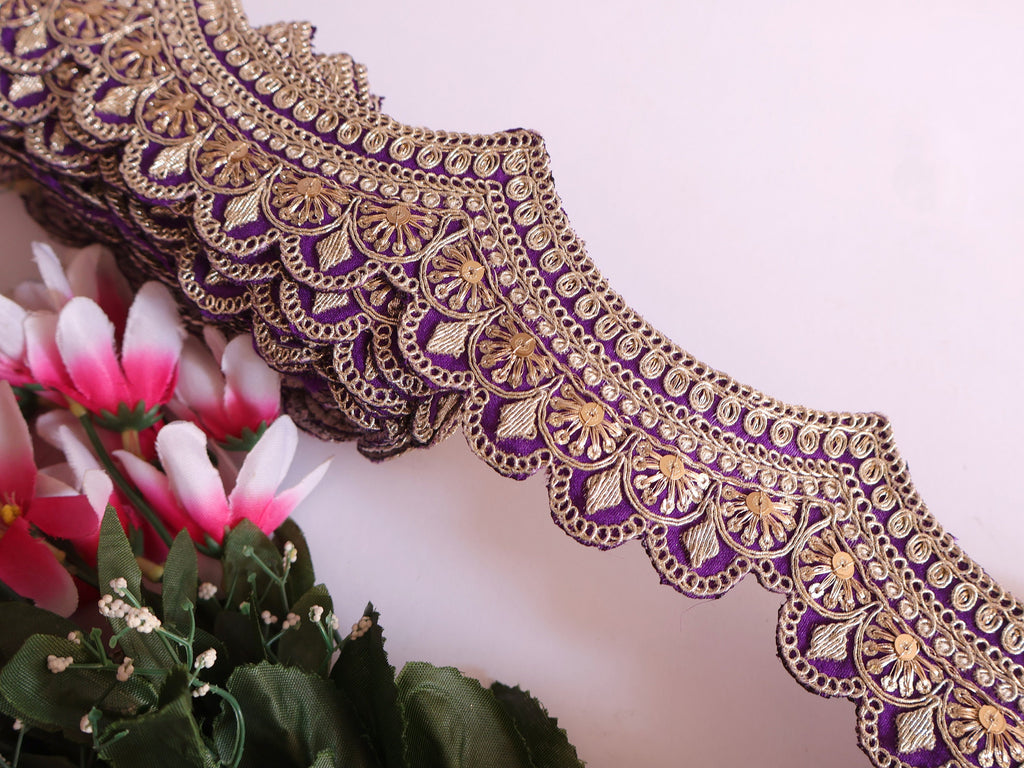 Purple & Gold Embroidered Sequin Lace: Scalloped Sari Border Trim