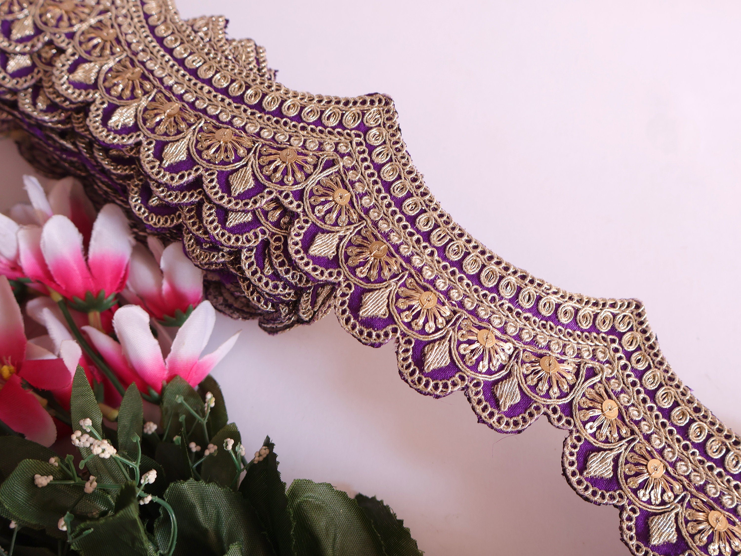 Purple & Gold Embroidered Sequin Lace: Scalloped Sari Border Trim