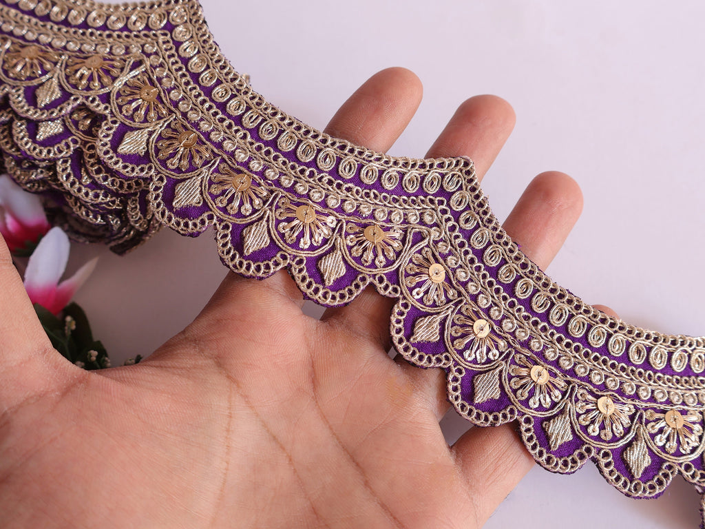 Purple & Gold Embroidered Sequin Lace: Scalloped Sari Border Trim