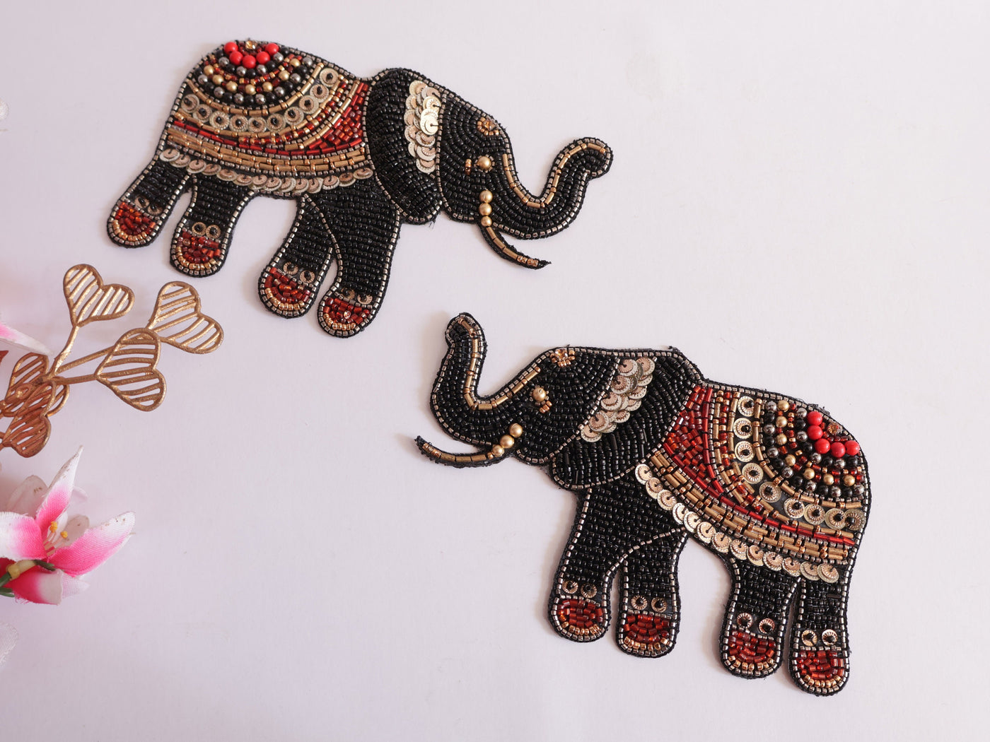 1 Pair - Exquisite Black Bead Work Embroidered Indian Elephants Patch
