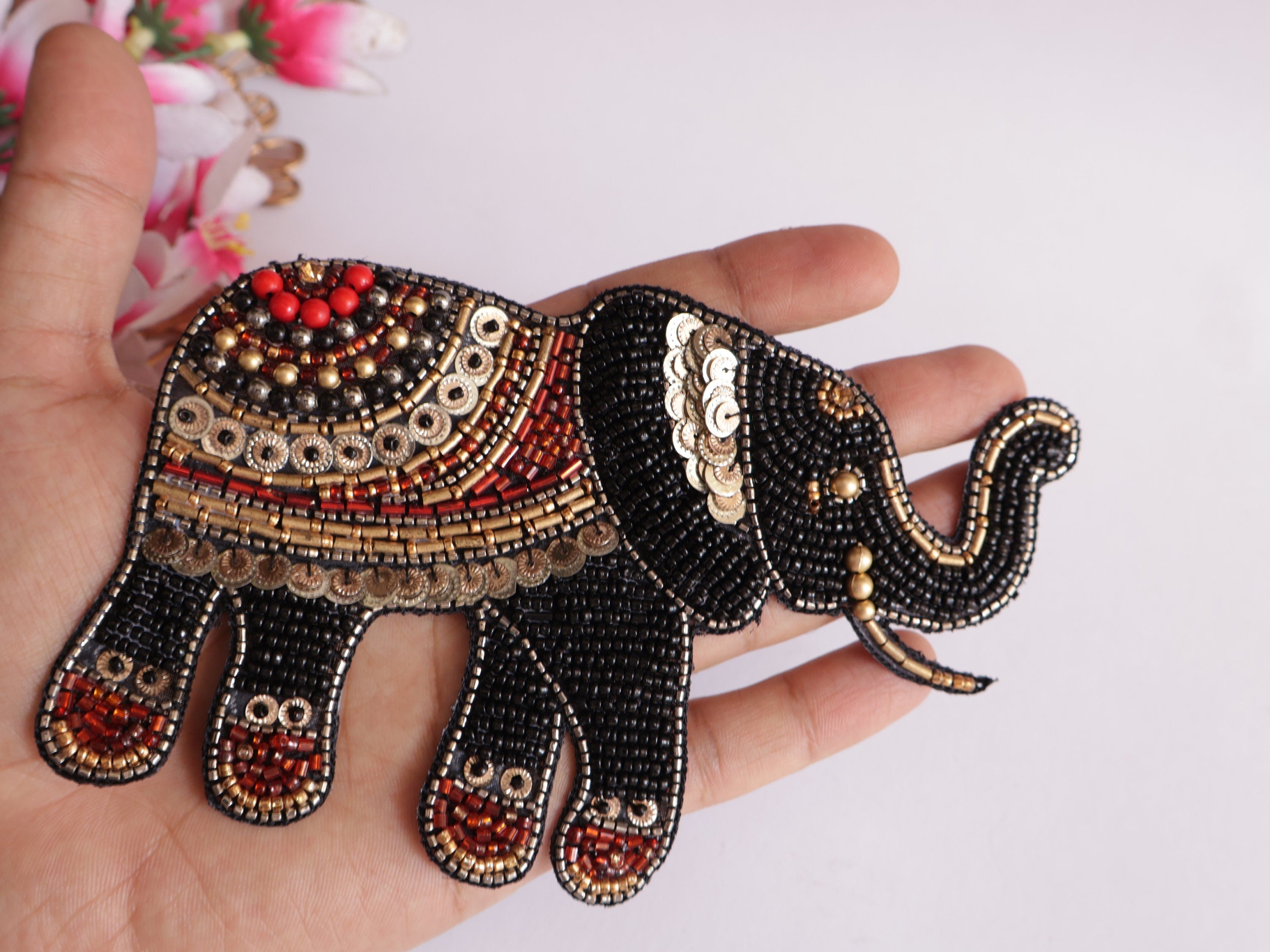 Embroidered Indian Elephant Applique: Black Beadwork Patches (Set of 2)
