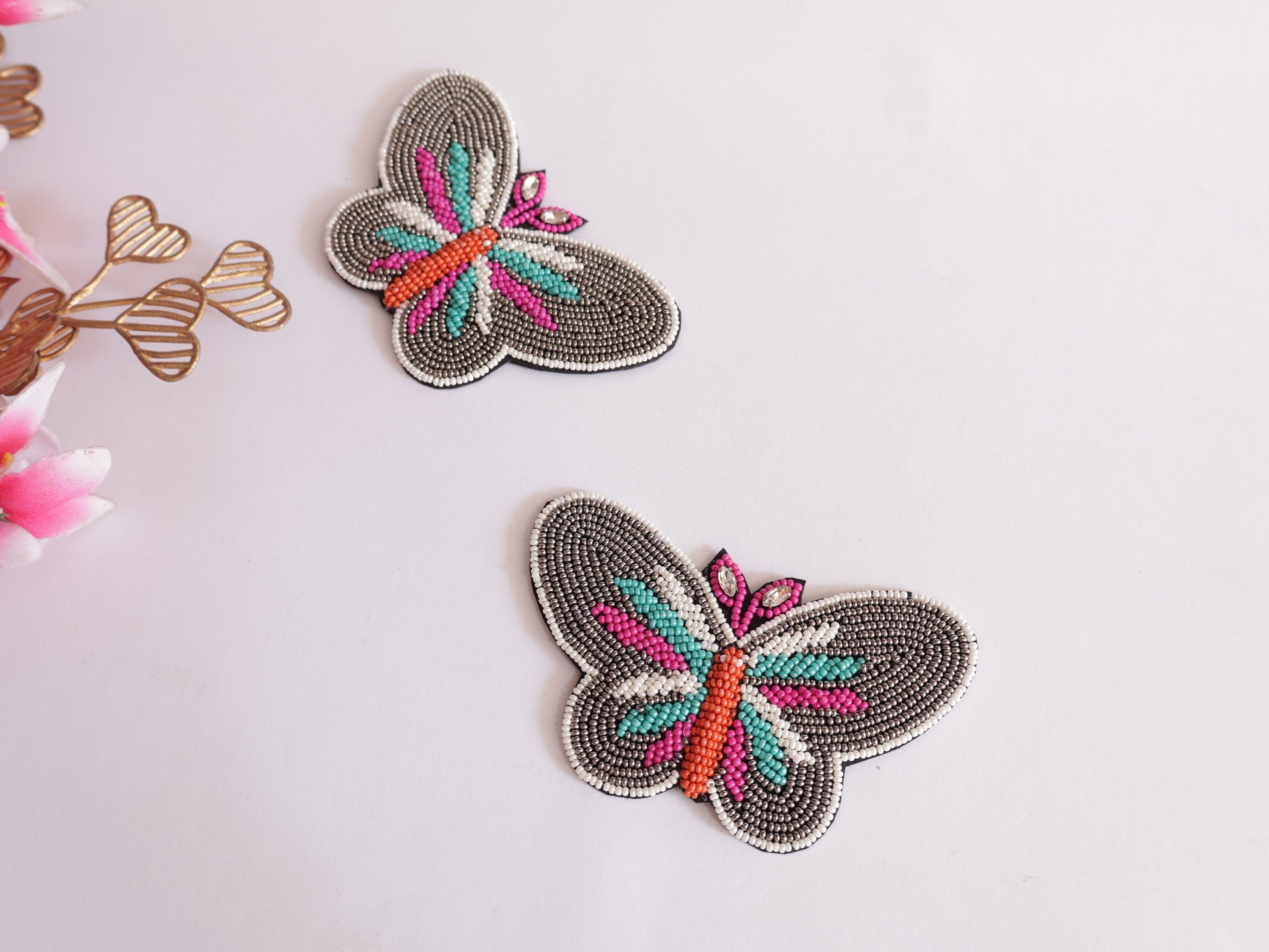 Colorful Beaded Butterfly Patch: Sew-On Applique (8x7 cm)