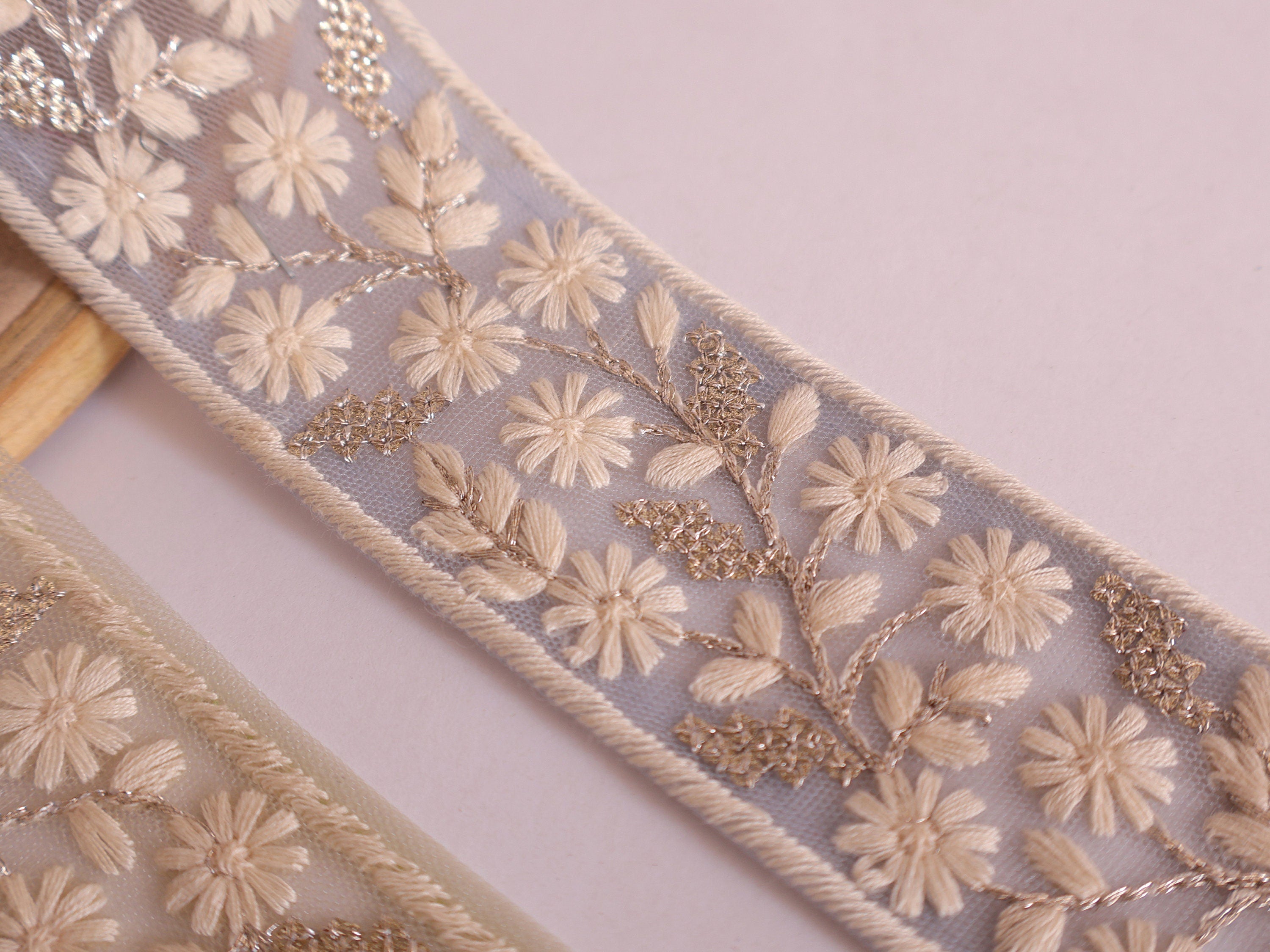 Floral Embroidery Sequin Trim: Sky Blue & Mint Green Sari Border