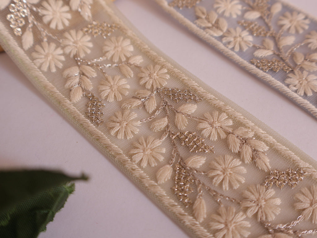 Floral Embroidery Sequin Trim: Sky Blue & Mint Green Sari Border