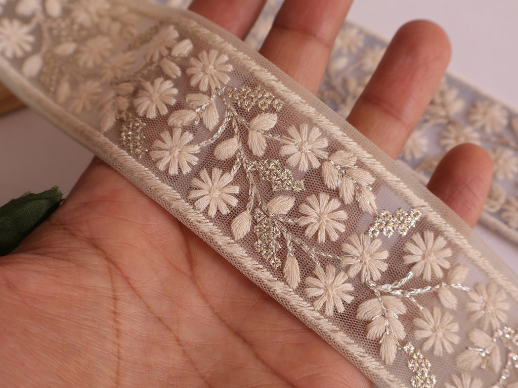 Floral Embroidery Sequin Trim: Sky Blue & Mint Green Sari Border