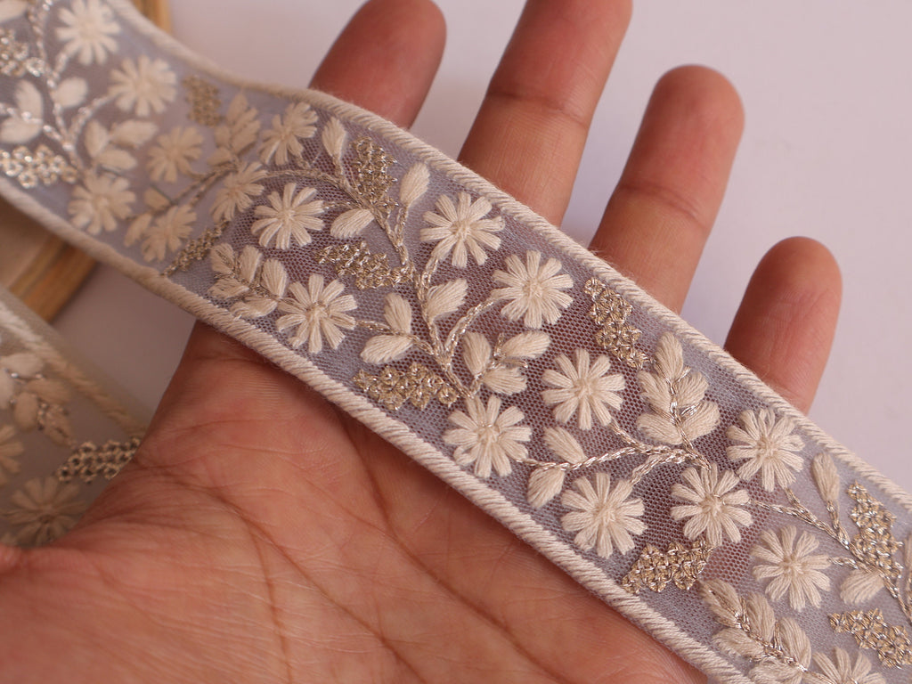 Floral Embroidery Sequin Trim: Sky Blue & Mint Green Sari Border