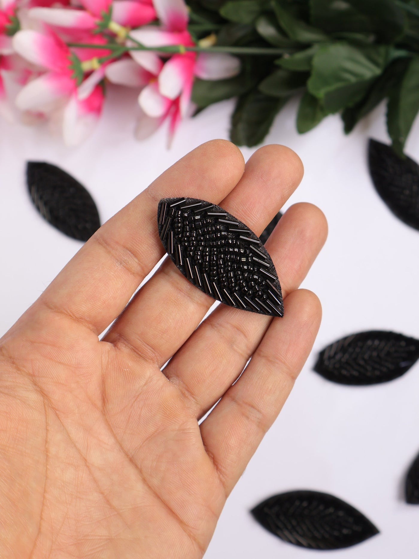 10 Pc - Black Beaded Leaf Applique Patches, Indian Decorative Patches