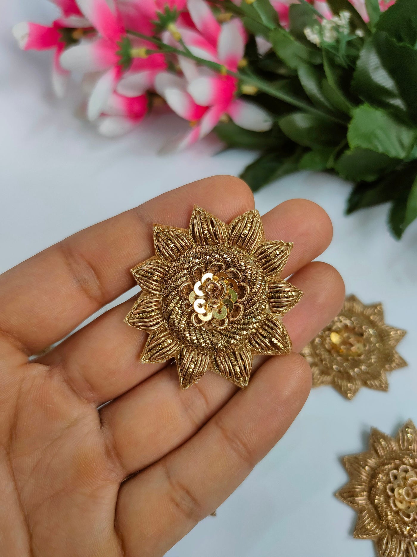 Antique Gold Floral Applique Patches: Indian Hand-Embroidered Embellishments (10 Pc Set, 5cm x 5cm)