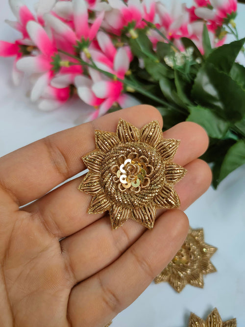 Antique Gold Floral Applique Patches: Indian Hand-Embroidered Embellishments (10 Pc Set, 5cm x 5cm)