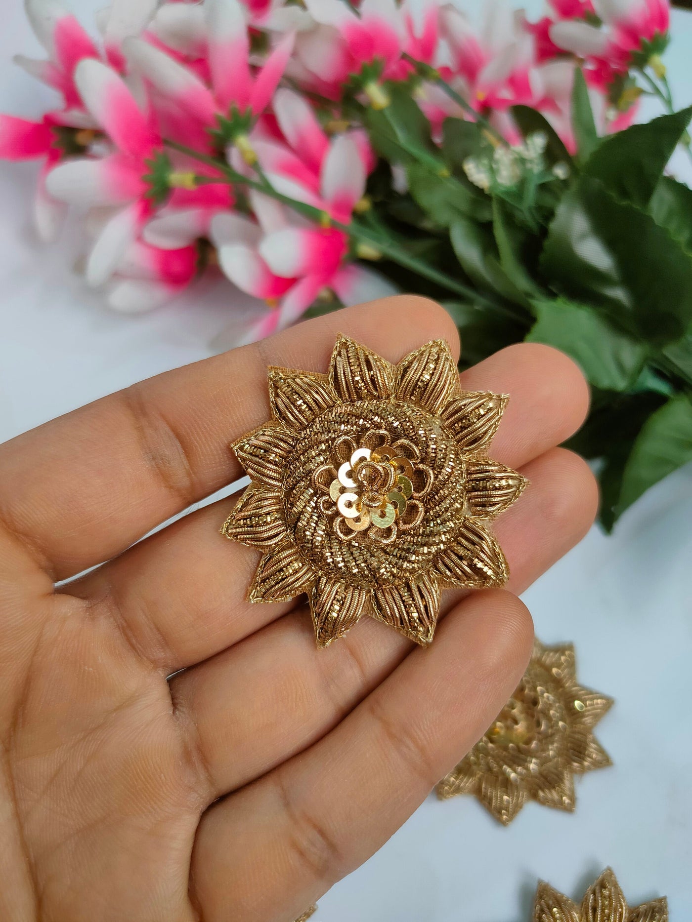 Antique Gold Floral Applique Patches: Indian Hand-Embroidered Embellishments (10 Pc Set, 5cm x 5cm)