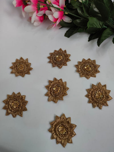 Antique Gold Floral Applique Patches: Indian Hand-Embroidered Embellishments (10 Pc Set, 5cm x 5cm)