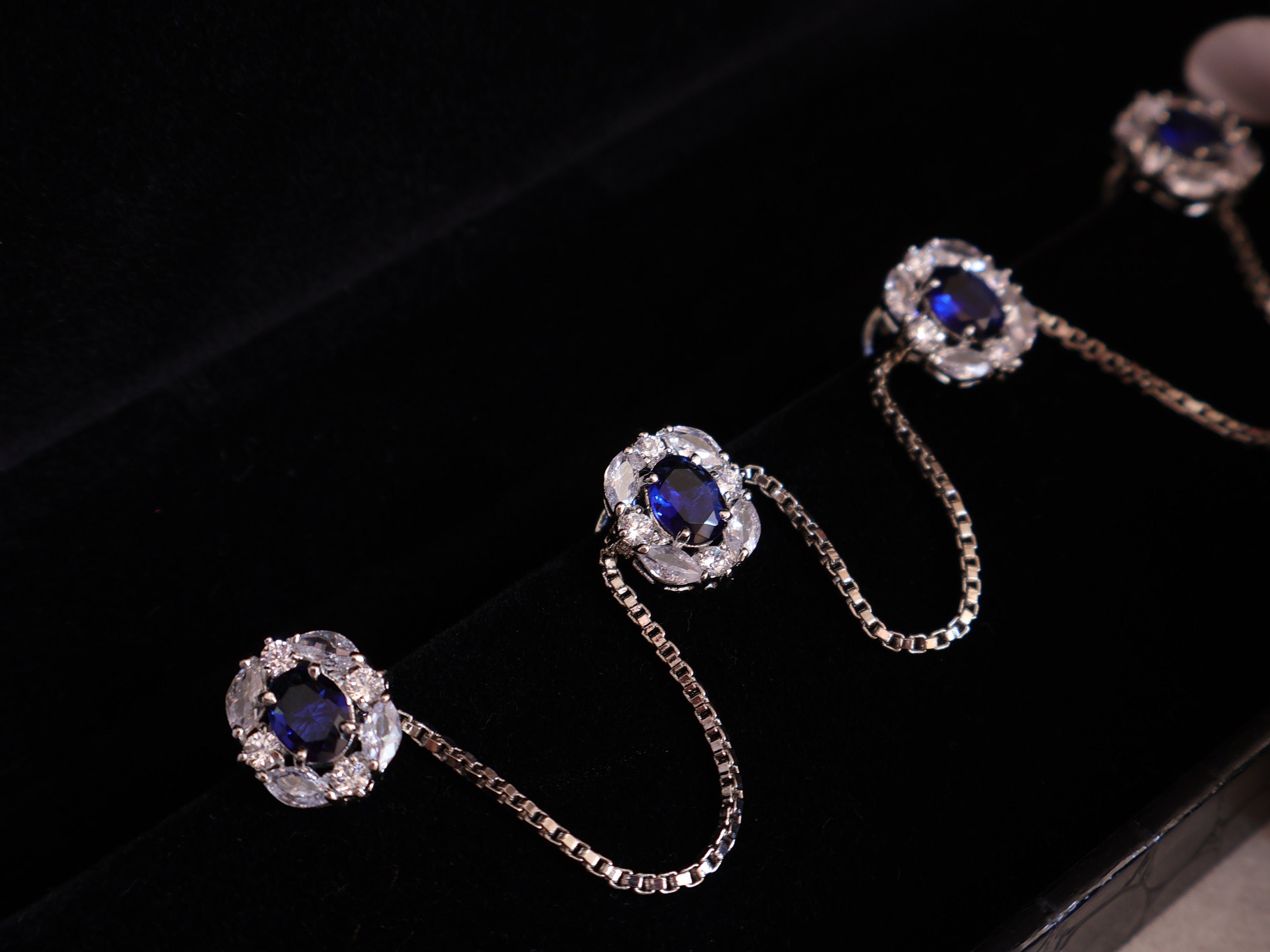 Sapphire Blue Crystal Kurta Buttons with Silver Chain - Set of 4