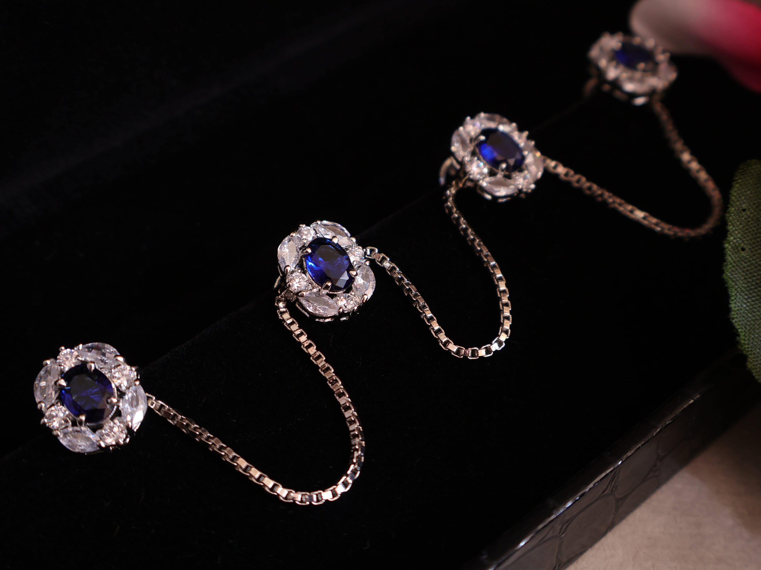 Sapphire Blue Crystal Kurta Buttons with Silver Chain - Set of 4