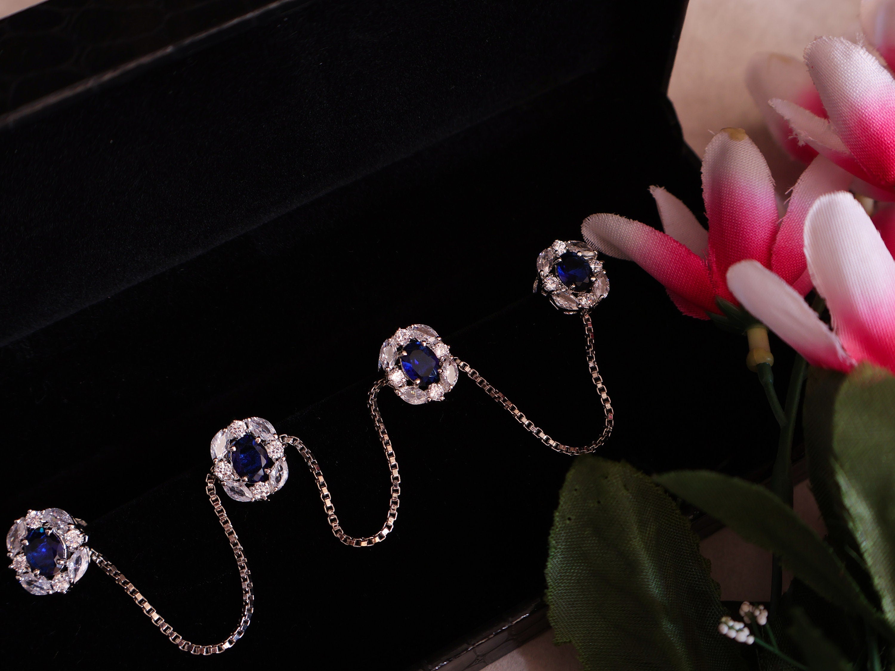 Sapphire Blue Crystal Kurta Buttons with Silver Chain - Set of 4