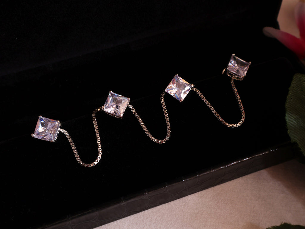 Silver Crystal Square Stud Buttons with Chain - Kurta Buttons - Set of 4