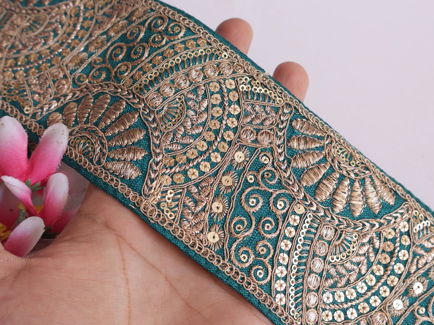 Exquisite Teal Green Thread & Sequin Border Trim - 1 Yard