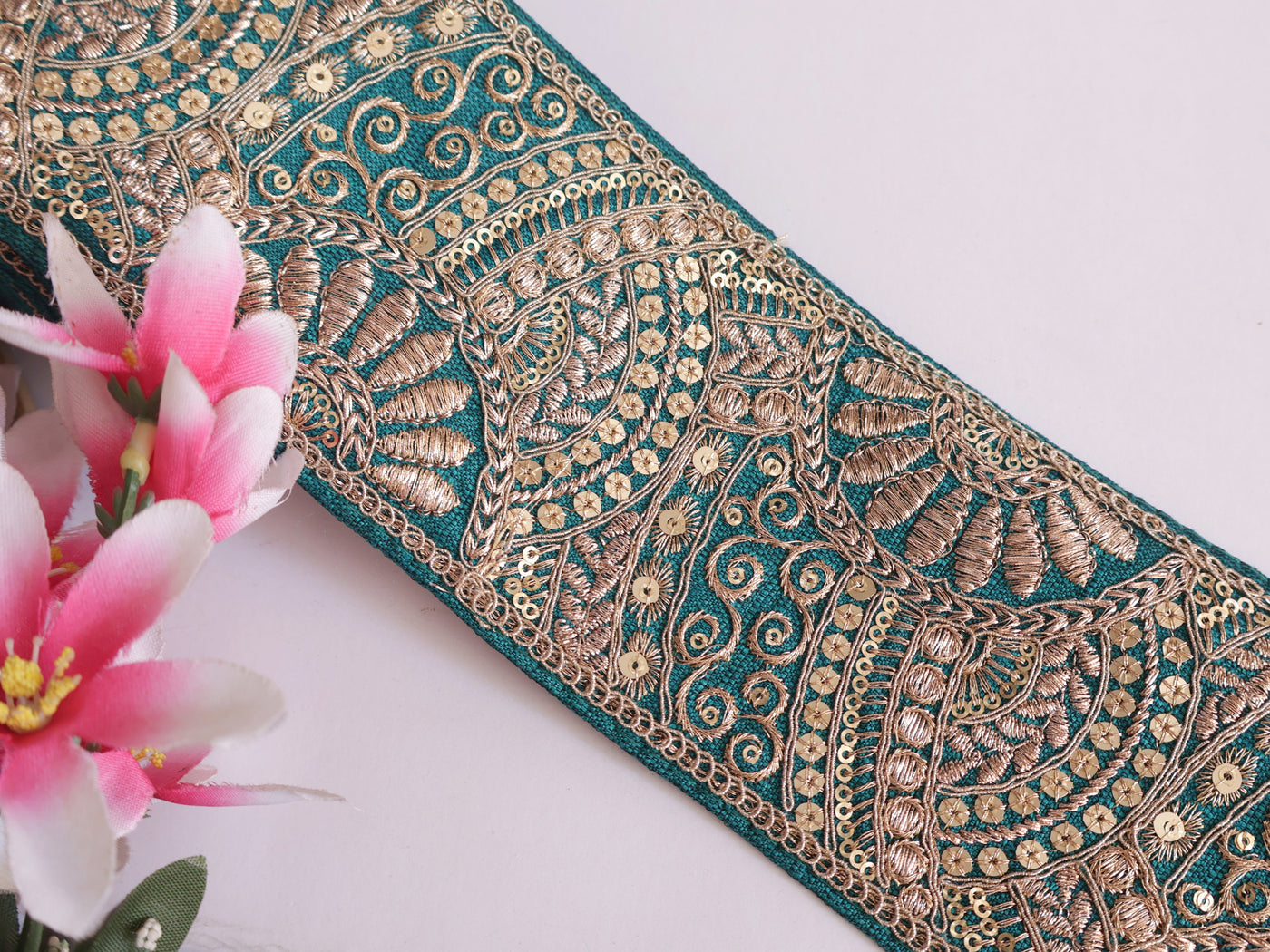 Exquisite Teal Green Thread & Sequin Border Trim - 1 Yard