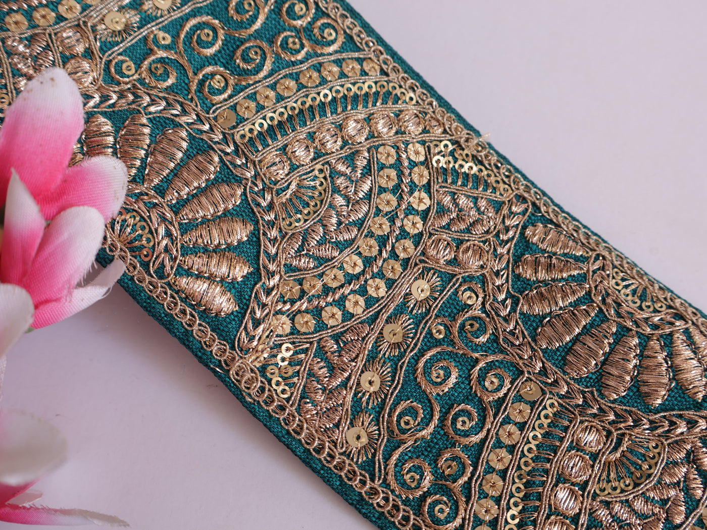 Exquisite Teal Green Thread & Sequin Border Trim - 1 Yard