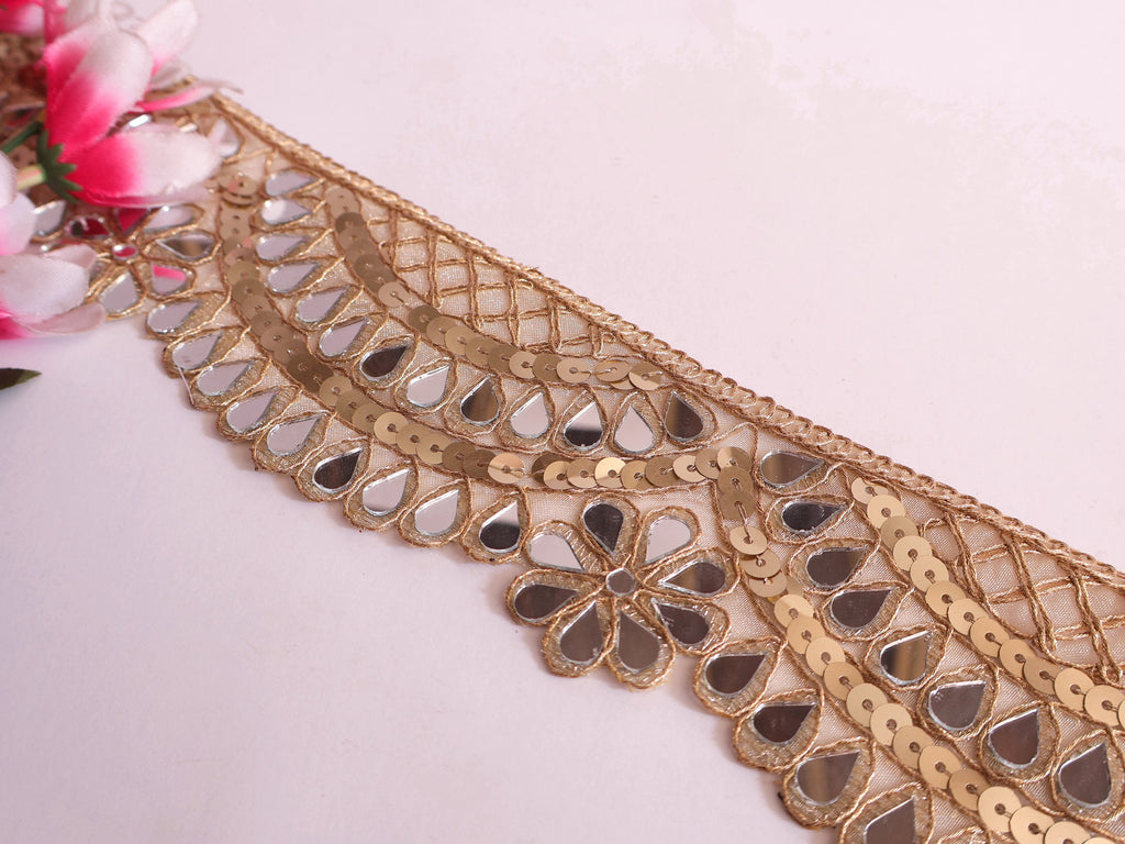 Golden Sequin Mirror Sari Border: Indian Wedding Trim, 7cm Wide