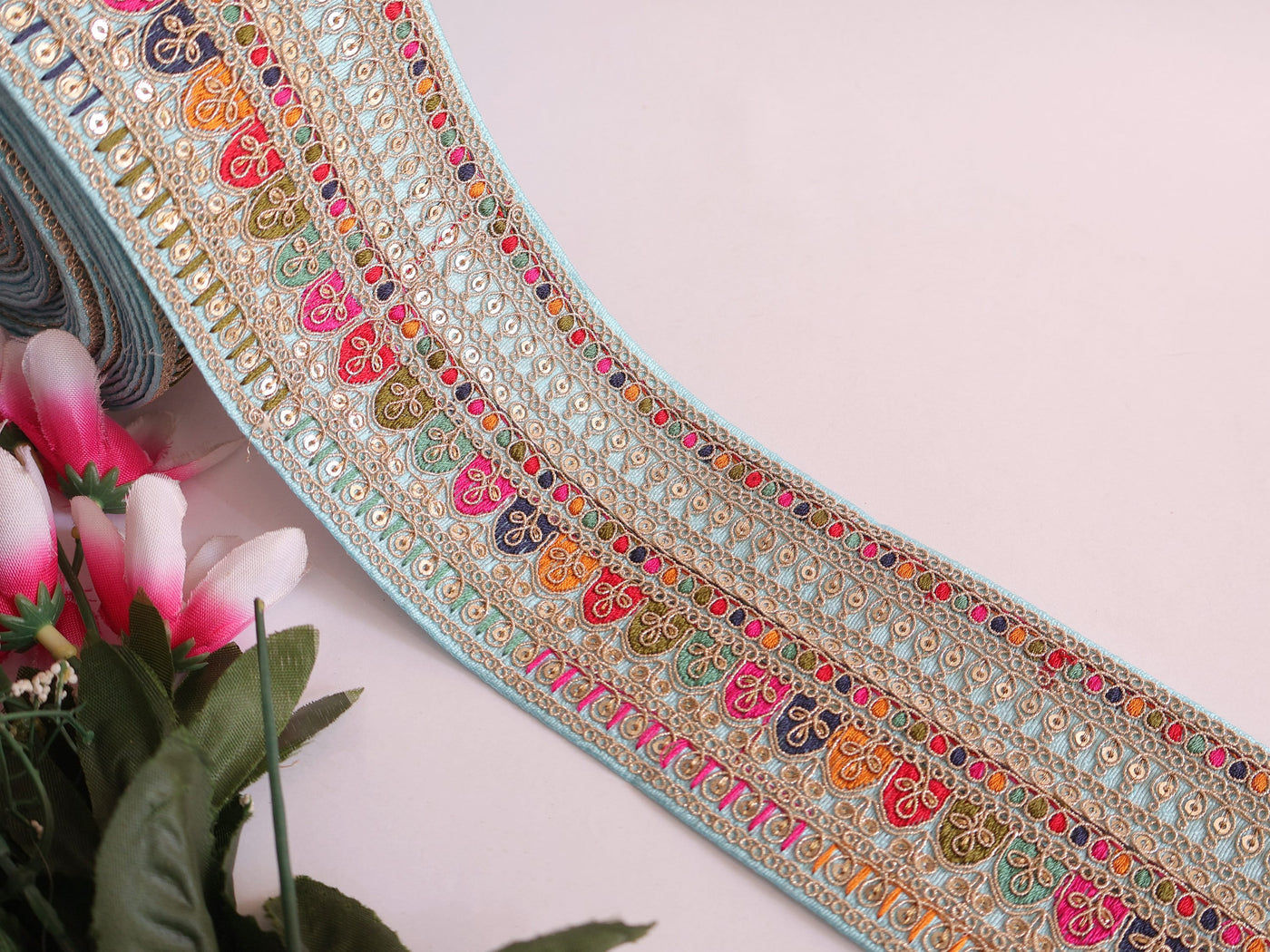 Sky Blue Embroidered Sari Border Trim: Indian Sequin Costume Lace