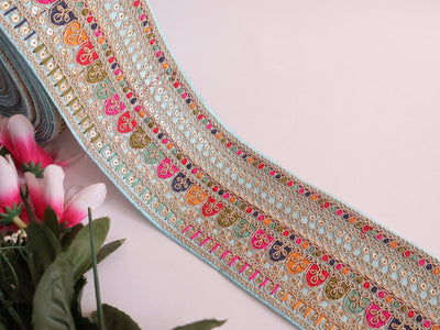 Sky Blue Embroidered Sari Border Trim: Indian Sequin Costume Lace