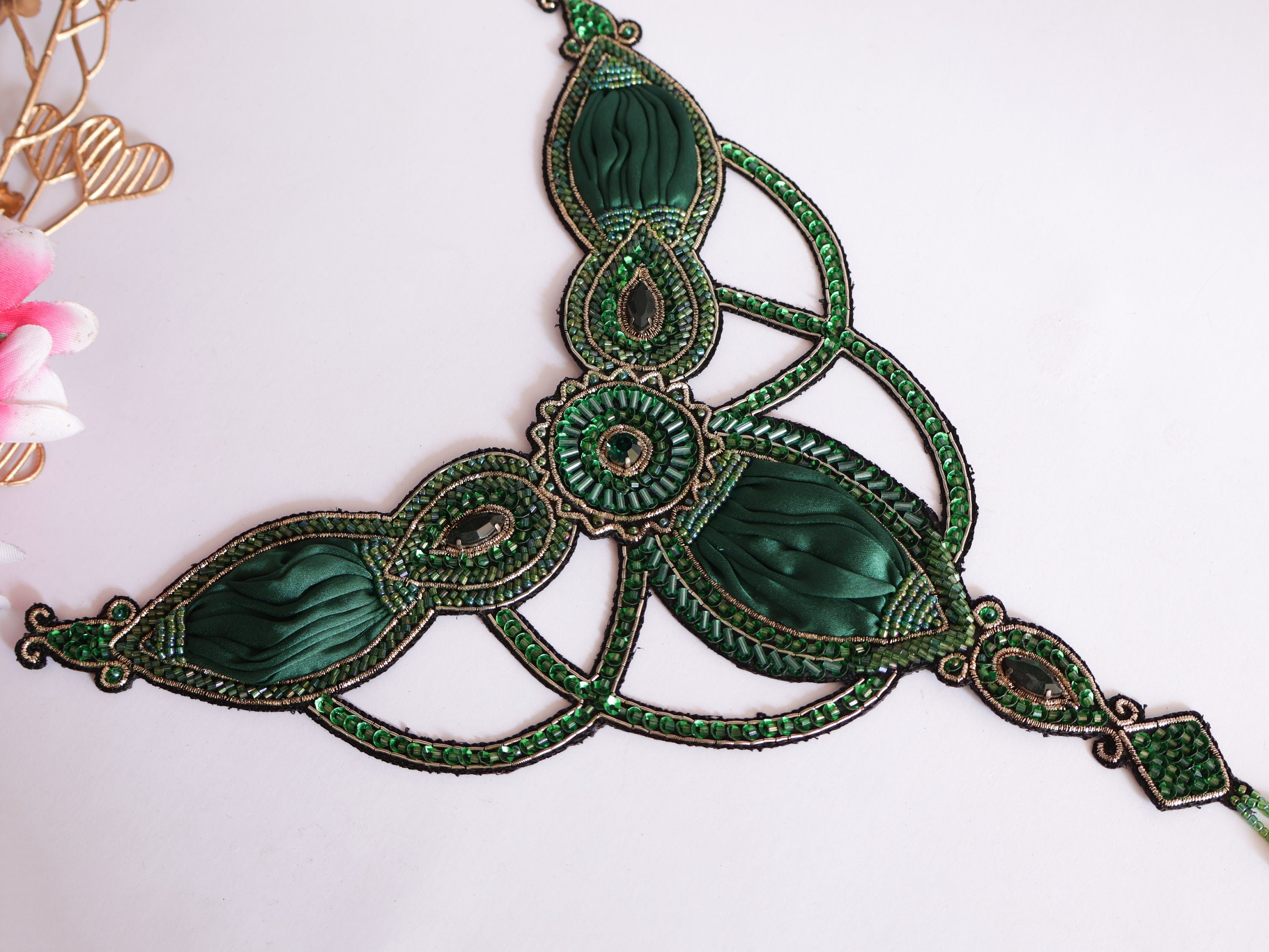 Green Embroidered Applique Patch: Handcrafted Indian Sequin Cutdana