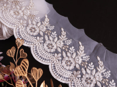 White Floral Embroidered Lace Border: Scalloped Net Fabric Trim (9cm Wide)