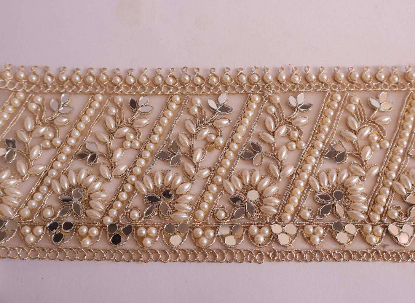 Pearl White Mirror Embellished Trim Vine 12 cm Wide - 1 Yard
