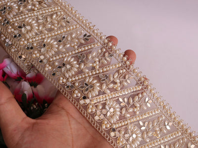 Pearl White Mirror Embellished Trim Vine 12 cm Wide - 1 Yard