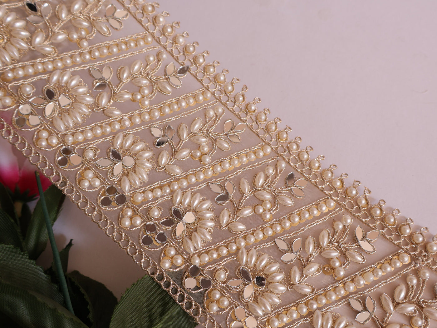 Pearl White Mirror Embellished Trim Vine 12 cm Wide - 1 Yard
