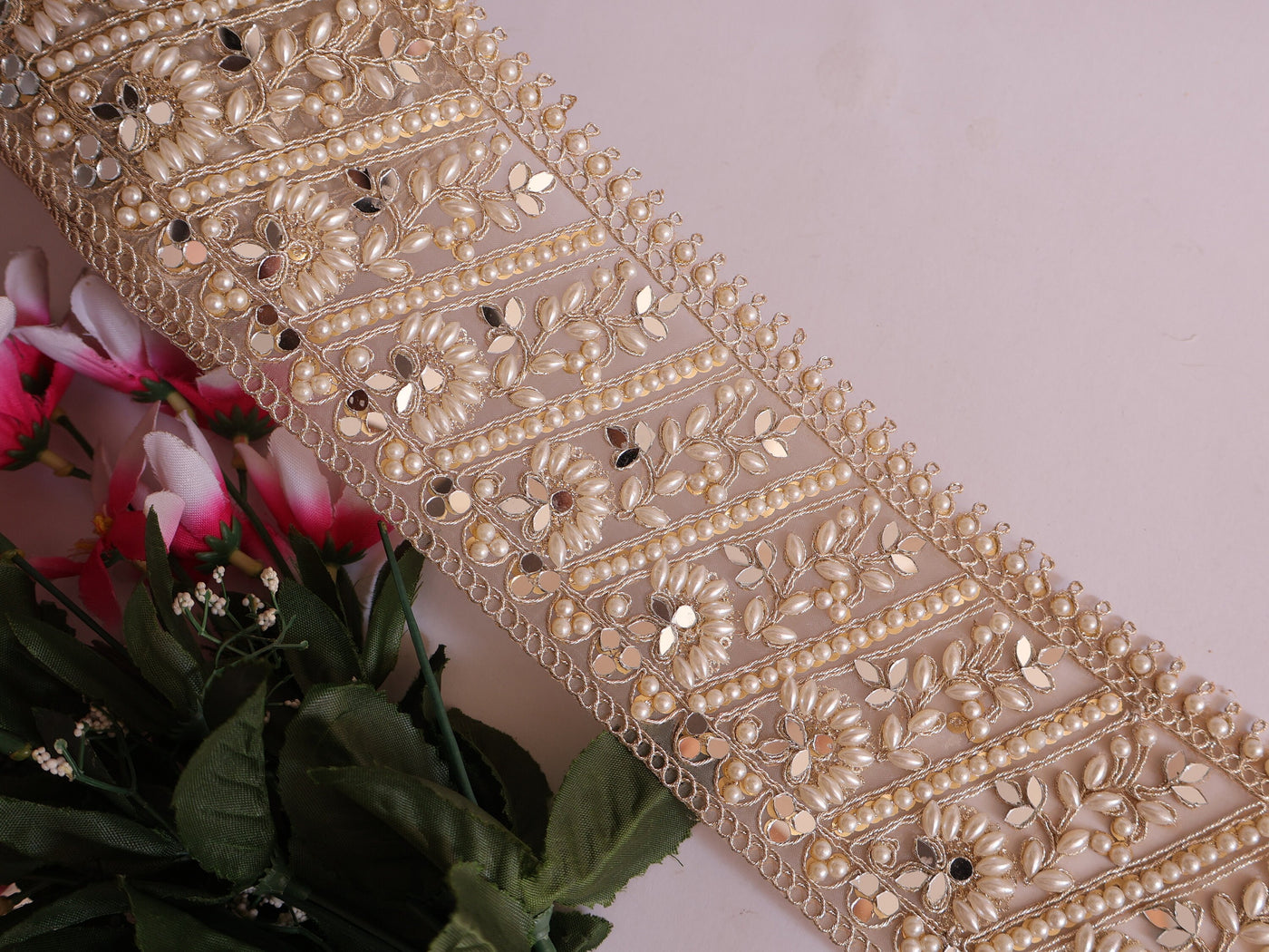 Pearl White Mirror Embellished Trim Vine 12 cm Wide - 1 Yard