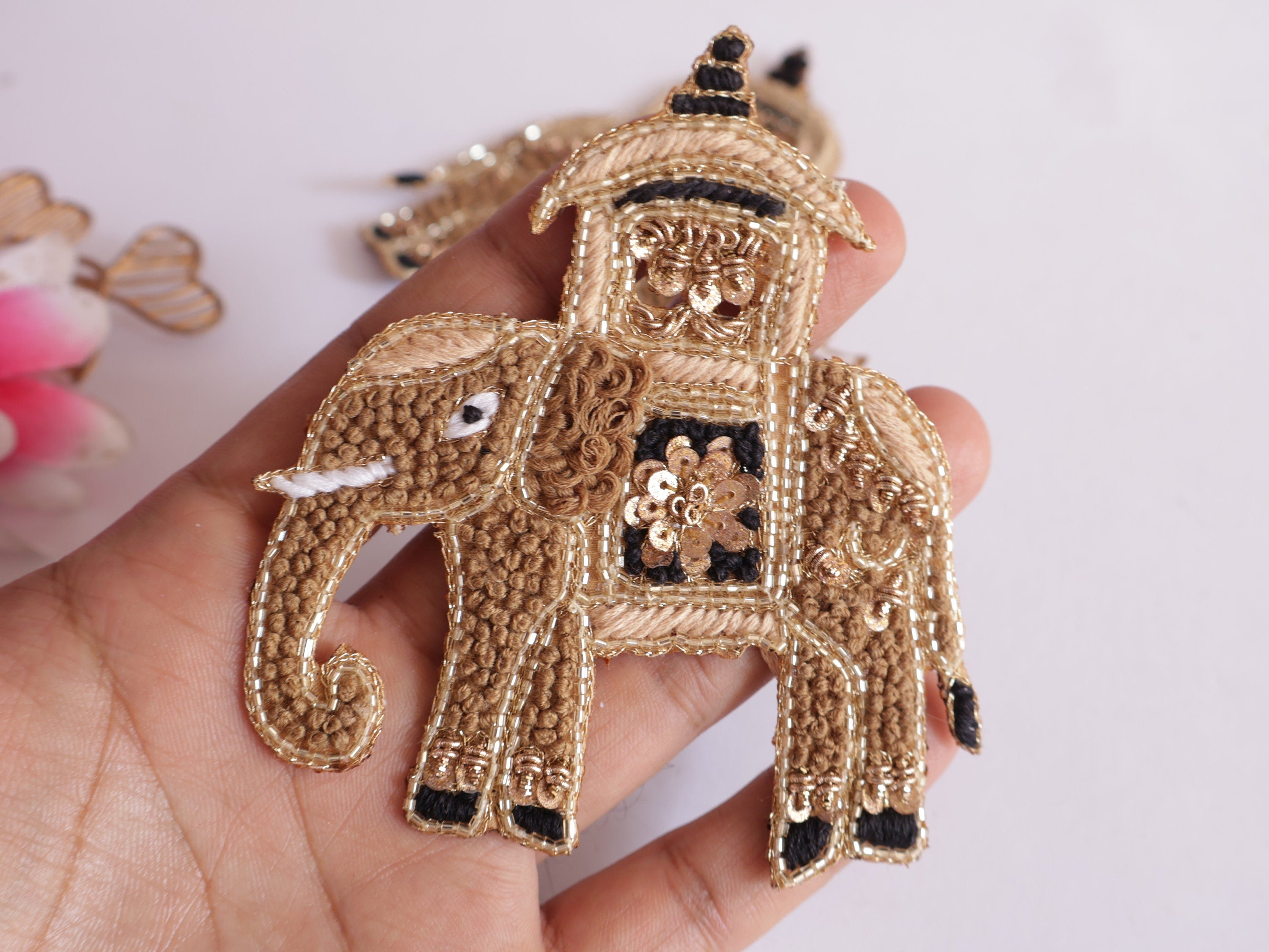 Embroidered Indian Elephant Applique Patches: Knotwork Sew-On (Pair)