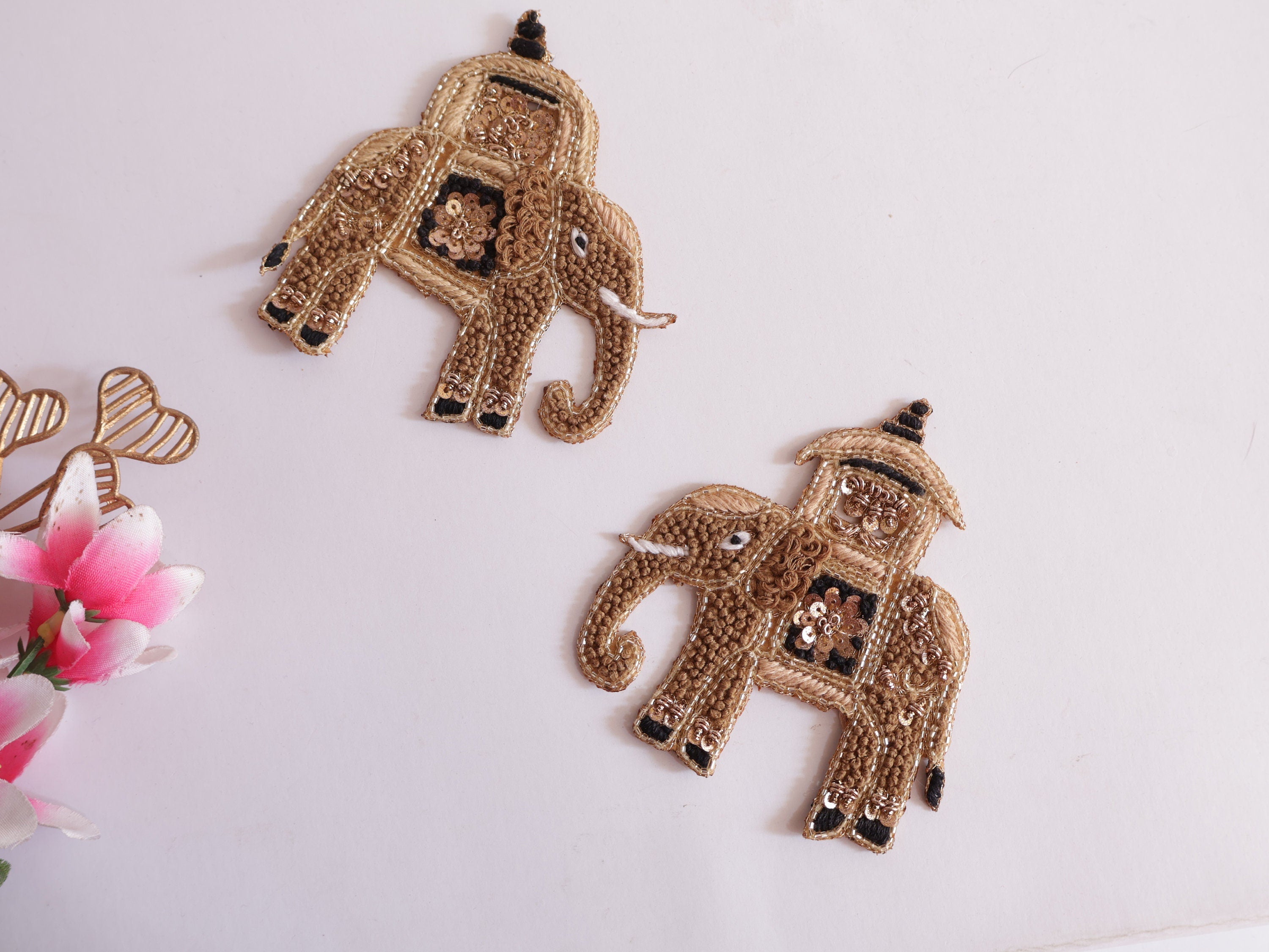 Embroidered Indian Elephant Applique Patches: Knotwork Sew-On (Pair)