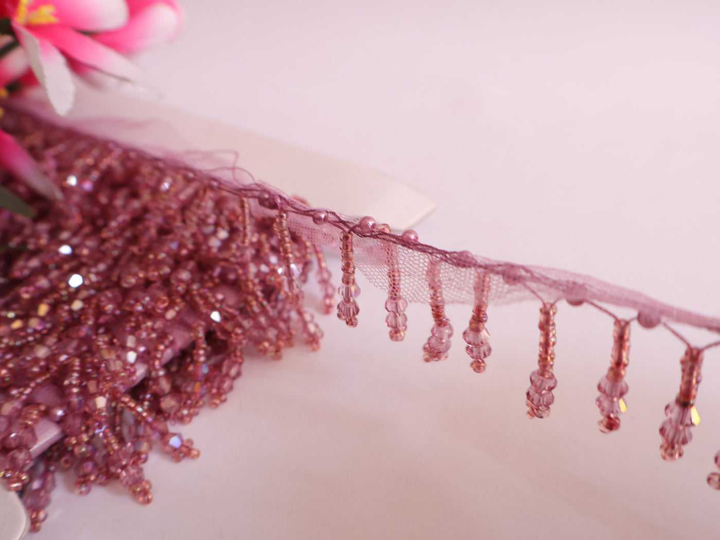 Wine Cutdana Crystal Beaded Tassel Lace - Indian Dupatta Trim