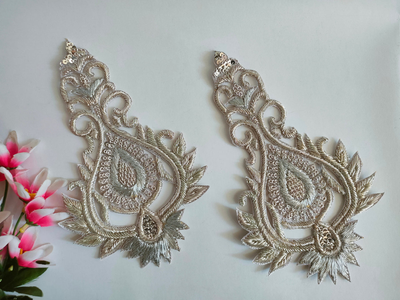 1 Pair - Silver Sew On Lamp Design Zardozi Embroidered Patch