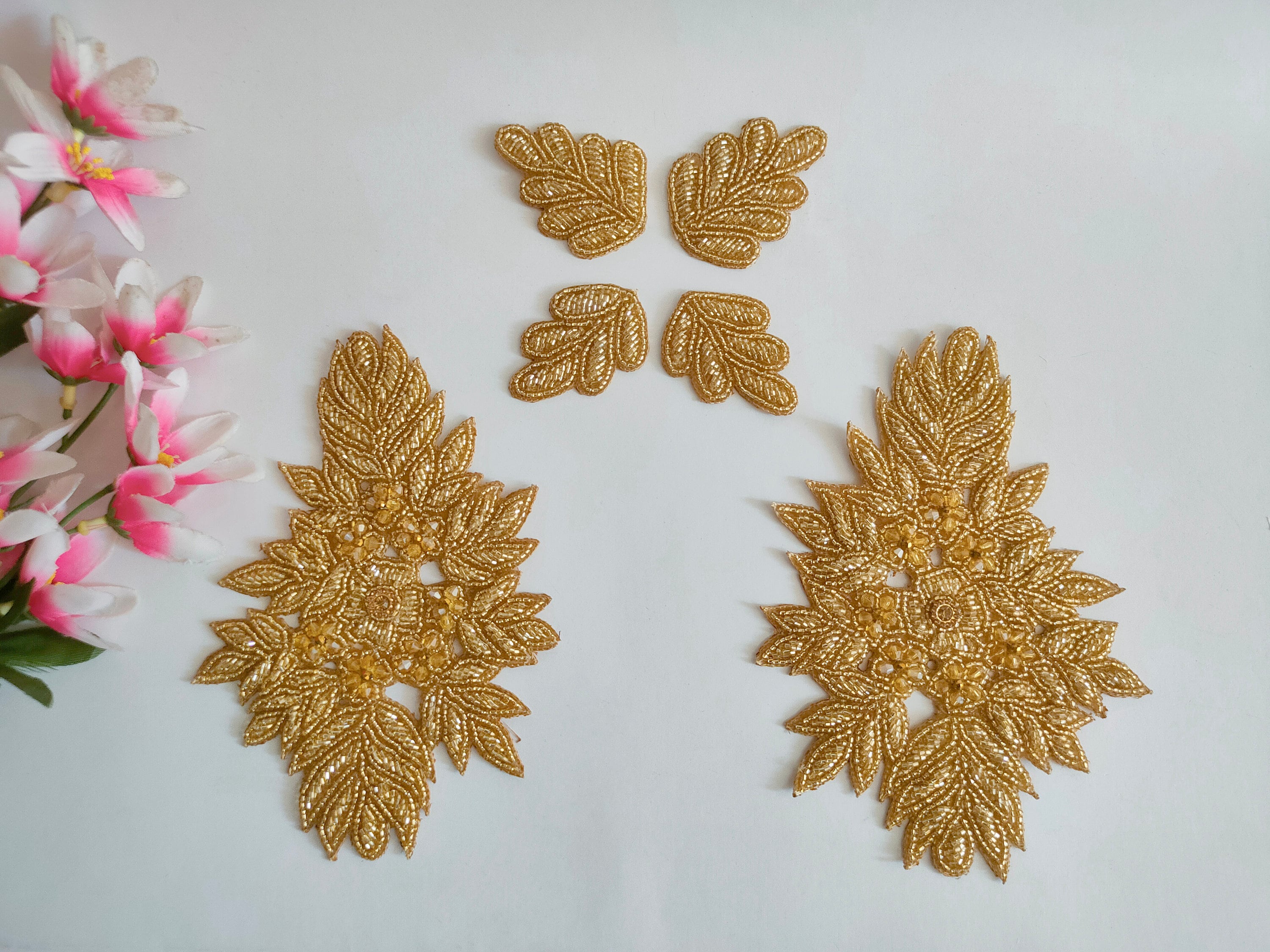 Gold Beaded Applique Patches: Baroque Embroidered Floral Sew-On Set