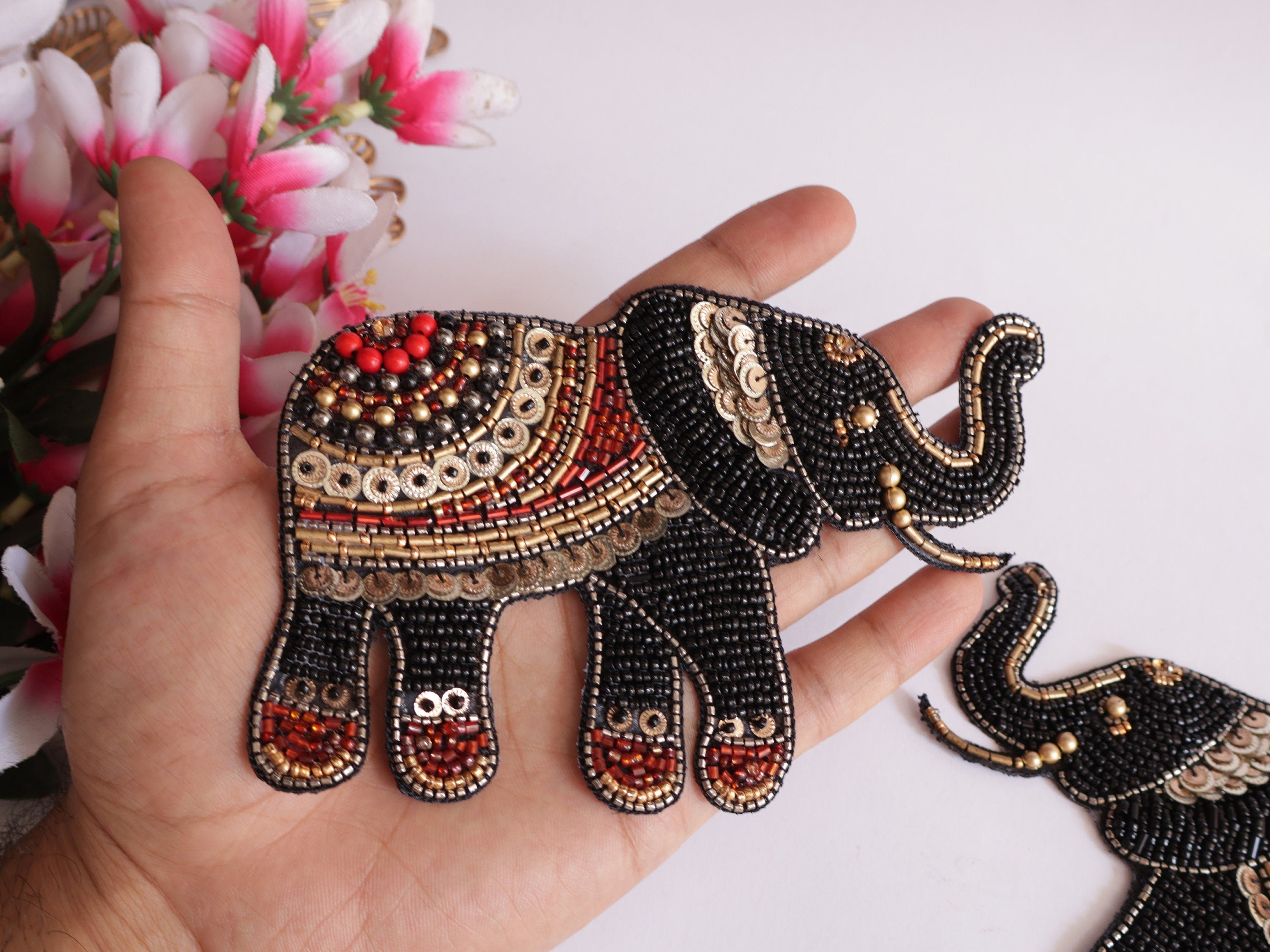 Embroidered Indian Elephant Applique: Black Beadwork Patches (Set of 2)