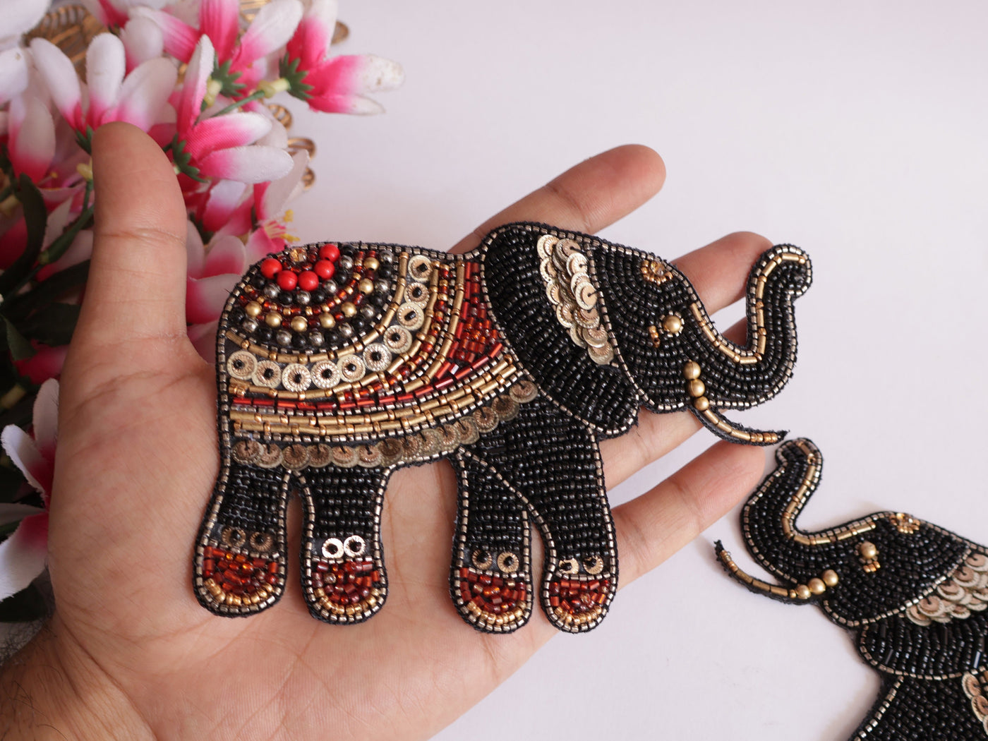 1 Pair - Exquisite Black Bead Work Embroidered Indian Elephants Patch