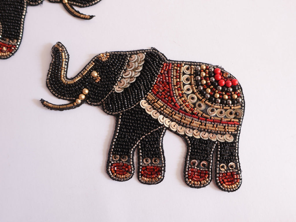 Embroidered Indian Elephant Applique: Black Beadwork Patches (Set of 2)